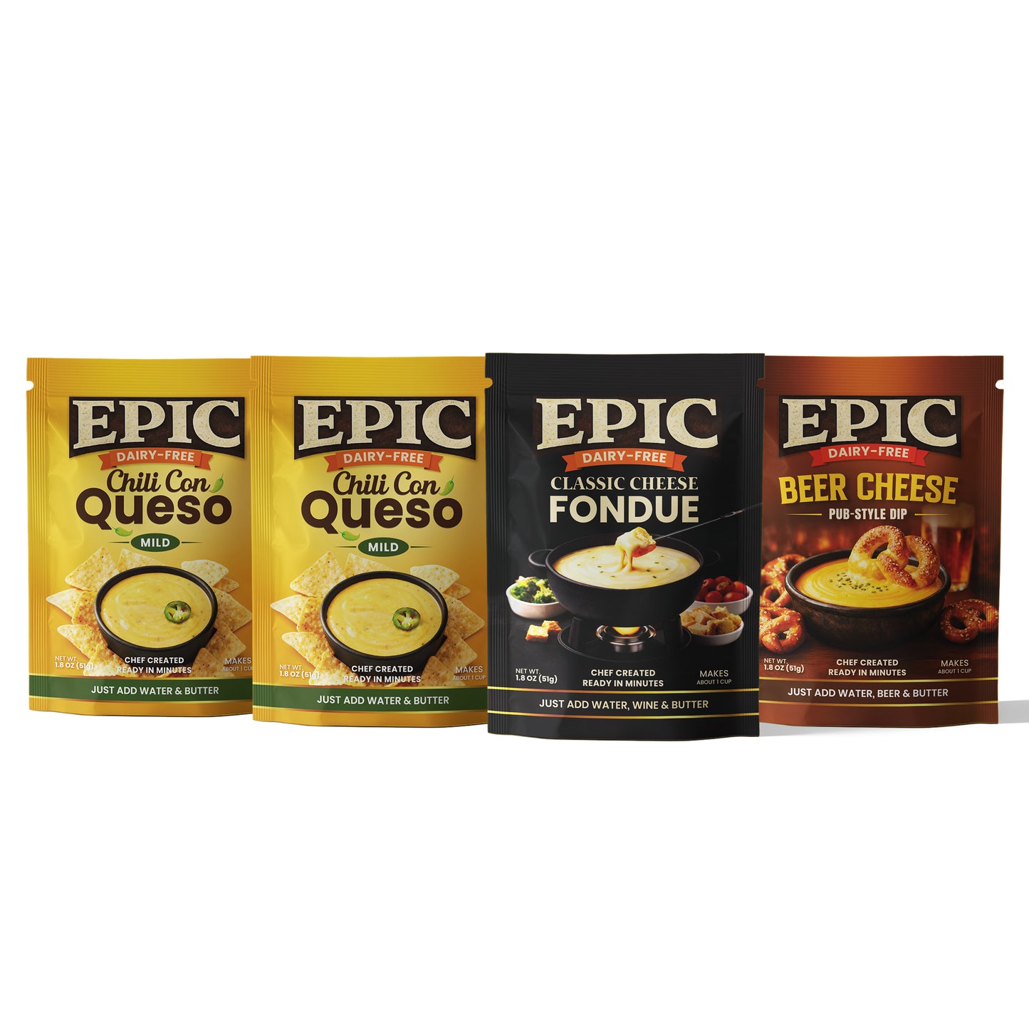 Epic Cheese Lovers (4-Pack Bundle: Queso · Beer Cheese · Fondue)